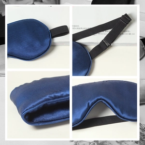 Deep blue silk sleep mask with adjustable strap shown in detailed four-grid layout