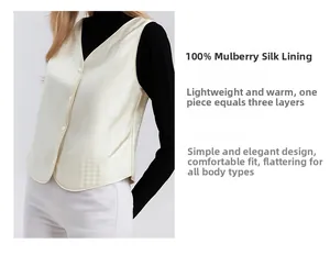 Detail of V-neck vest showing 100% mulberry silk lining and jacquard texture