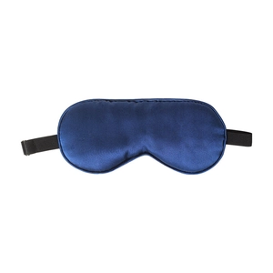 Deep blue pure silk sleep mask with smooth satin texture and black elastic head strap