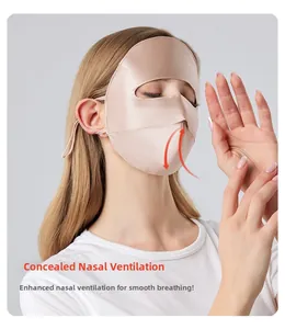 Detail view of 100% mulberry silk sun mask with hidden breathable nose vents for women