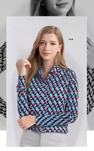 Detail of printed silk long-sleeved shirt featuring geometric chain patterns and buttoned cuffs