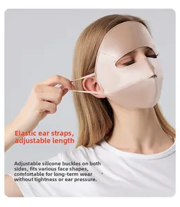 Detail of adjustable elastic ear straps with silicone buckles on silk sun protection mask