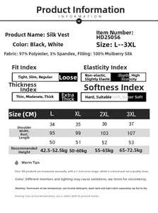 Detailed size chart for the silk vest showing measurements and material specifications