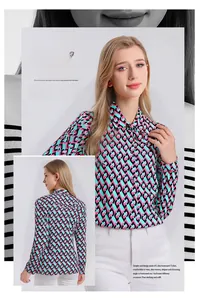Detailed view of women's silk blouse featuring geometric chain patterns and lapel collar