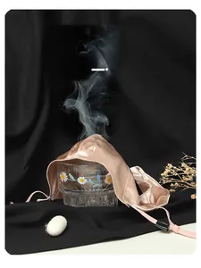 Visual demonstration of breathability for champagne silk face mask with steam effect