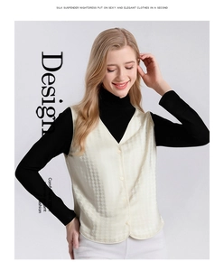 Macro shot of V-neck silk vest with houndstooth jacquard texture and button details