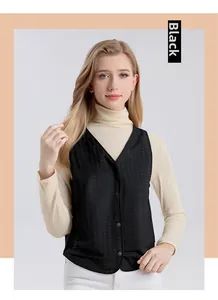Detailed close-up of a black silk jacquard vest featuring an elegant V-neck and buttons