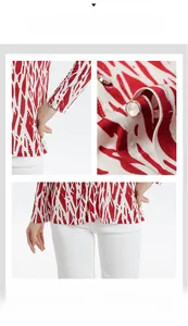 Close-up of red and white abstract print silk shirt featuring decorative dome buttons