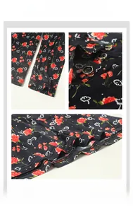 Detail view of silk long sleeve blouse featuring red rose floral print and metal neck button