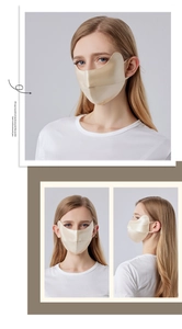 Trois vues du masque de protection UV en soie champagne couvrant le coin de l'œil