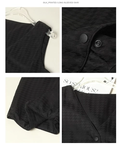 Detail view of black silk shirt with houndstooth pattern and hidden resin buttons