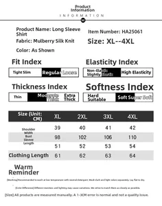 Detailed size chart for silk long sleeve blouse showing XL to 4XL measurements and material specs