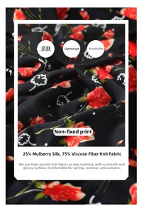 Close-up of silk blend fabric with red floral print and 25% mulberry silk texture