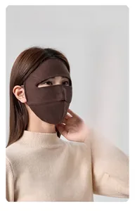 Detail of wool thermal mask showing thick windproof fabric and UPF50+ protection