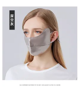 Détail du masque en soie gris spatial montrant la texture satinée et les attaches