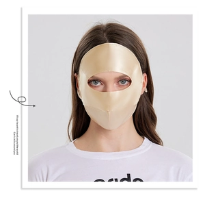 Detail view of champagne gold 100% mulberry silk sun protection mask with 3D fit