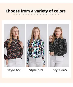 Detailed views of silk shirts with floral, abstract and polka dot prints and stand collar