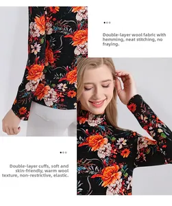 Detail of floral wool turtleneck featuring double-layered hem and neat stitching craftsmanship