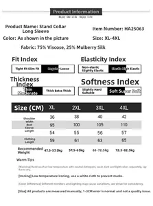 Size chart for silk blend high neck long sleeve shirt with detailed measurements
