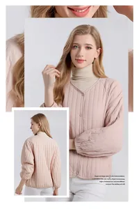 Detail of pink vertical striped silk filled quilted jacket with lantern sleeves and buttons