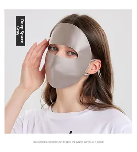 Detailed view of the dark space grey 100% mulberry silk sun protection full face mask