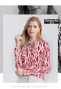 Detail of silk long sleeve shirt featuring abstract red and white Pattern No. 617