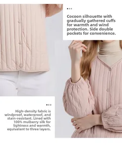 Detail of V-neck mulberry silk jacket showing windproof fabric and stitching