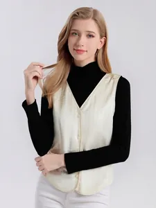 Women Mulberry Silk Padded Vest V Neck Houndstooth Jacquard Sleeveless Jacket Single Breasted Gilet For Autumn Winter
