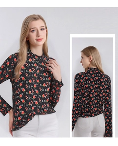 Detail of silk stand collar and floral rose print on a women's long sleeve blouse