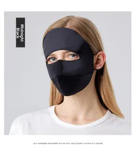 Detail view of the midnight black mulberry silk sun protection mask with ear loops