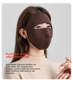 Detail view of winter wool face mask with adjustable elastic ear loops and cozy fabric