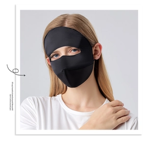 Detail of black silk sun mask showing smooth fabric and ear-loop design for UV protection