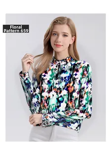 Detail of silk stand collar blouse featuring artistic abstract oil painting print design