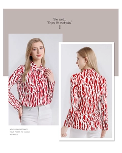 Front and back view of red and white striped mulberry silk long sleeve blouse