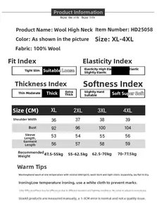 Detailed size chart for wool turtleneck sweater with material and measurement guide