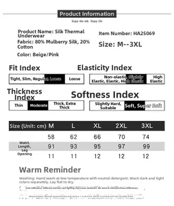 Size guide for silk thermal pants detailing waist and length from M up to 3XL sizes