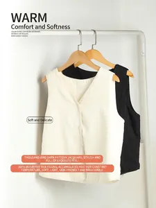 Women V-neck 100% silk filled vest with houndstooth jacquard pattern in black and white