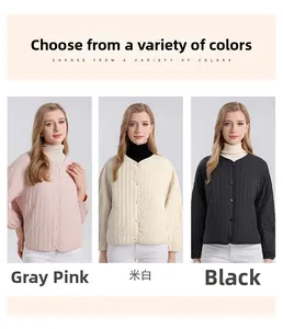 Detailed comparison of V-neck silk padded jackets in pink, beige, and black colors
