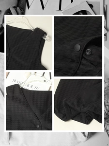 Quilted black houndstooth mulberry silk vest with metallic snap buttons in collage view
