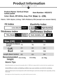 Size chart for V-neck quilted jacket with 100% mulberry silk filling details