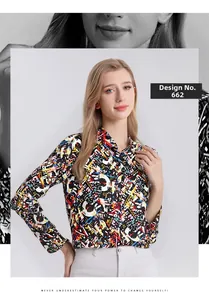 Artistic layout of women's silk long sleeve shirt featuring abstract print Pattern No. 662