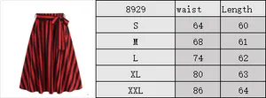 Size guide for women striped A-line skirt showing measurements for S to XXL sizes