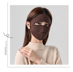 Macro detail of dark brown thermal full-face wool mask for outdoor windproof protection