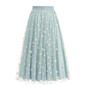 Women's High Waist Daisy Printed Mesh Midi A-Line Skirt Elegant Floral Tulle Pastoral Style Skirt For Vacation Ladies