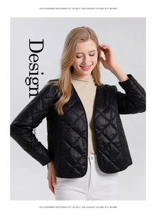 Detail der schwarzen Damen-Steppjacke mit Rautenmuster, V-Ausschnitt und Seidenfüllung
