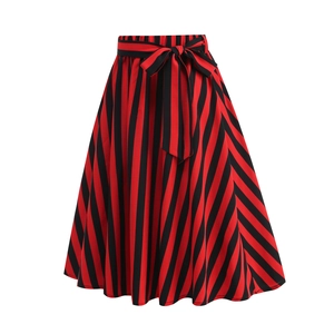 Detailed view of red and black vertical striped A-line midi skirt with a bow belt waist