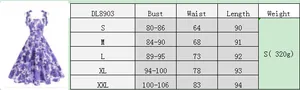 Detailed size chart for floral high waist dress showing bust, waist, and length measurements