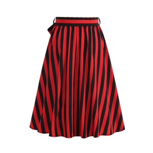 Detailed view of the red and black vertical striped A-line skirt with high waist design