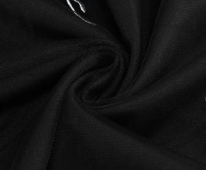 Detailed macro view of black breathable mesh fabric with premium silver embroidery detail