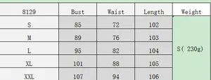 Detailed size guide table for vintage 50s floral summer dress model 8129 from S to XXL